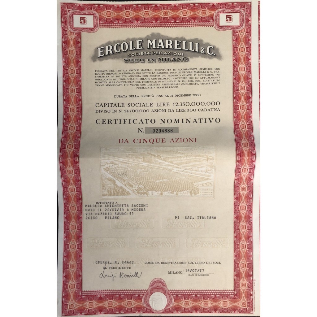 1977 - ERCOLE MARELLI & C. SPA - 5 AZIONI MILANO