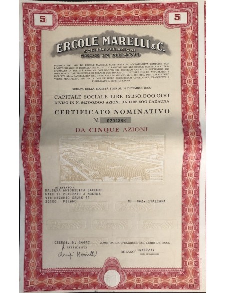 1977 - ERCOLE MARELLI & C. SPA - 5 AZIONI MILANO