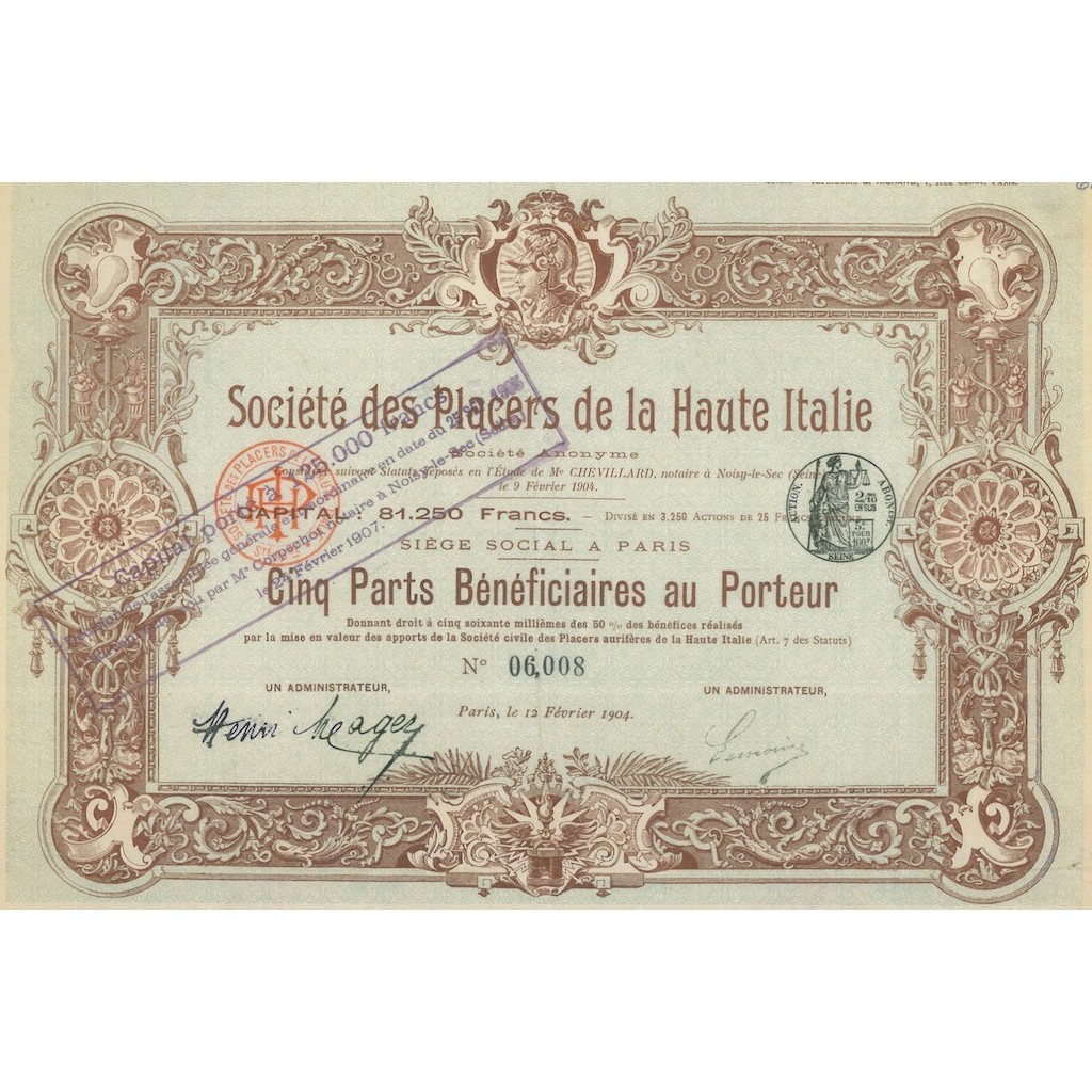 SOCIETE' DES PLACERS DE LA HAUTE ITALIE - 5 PARTS PARIS 1904
