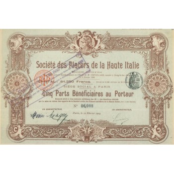 SOCIETE' DES PLACERS DE LA HAUTE ITALIE - 5 PARTS PARIS 1904