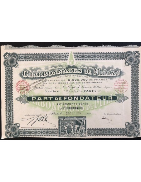 1924 - CHARBONNAGES DE MILLAU (CAP. SOC. 6.000.000 DI FR.) PART DE FONDATEUR