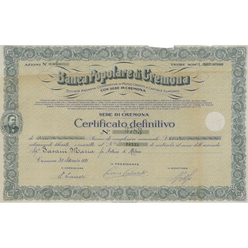 BANCA POPOLARE DI CREMONA AZIONI CREMONA 1928