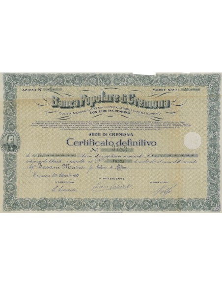 BANCA POPOLARE DI CREMONA AZIONI CREMONA 1928