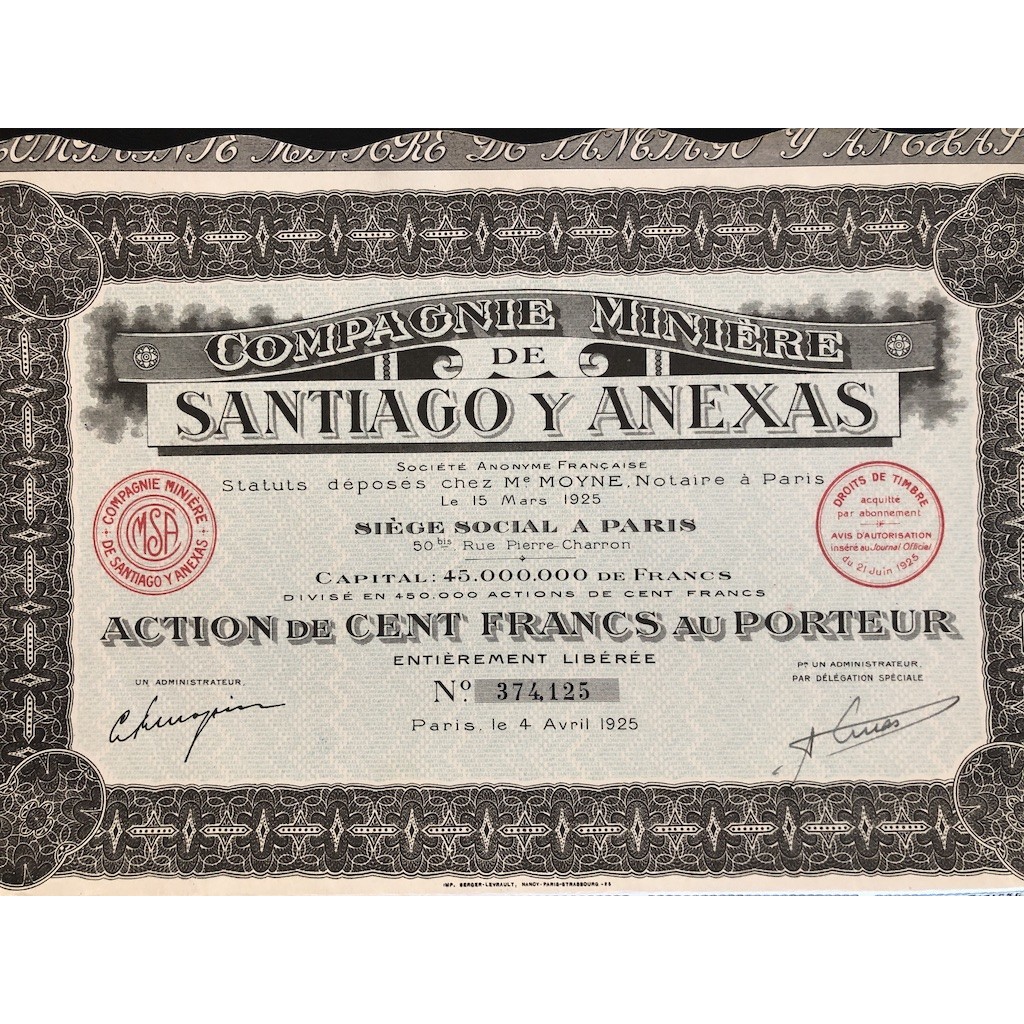 1925 - COMPAGNIE MINIERE DE SANTIAGO Y ANEXAS -...