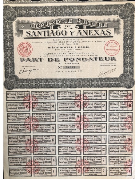 1925 - COMPAGNIE MINIERE DE SANTIAGO Y ANEXAS - PART DE FONDATEUR