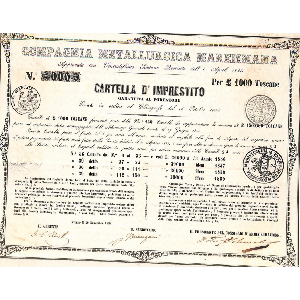 COMP. METALLURGICA MAREMMANA - CARTELLA DA 100 LIRE - LIVORNO 1854