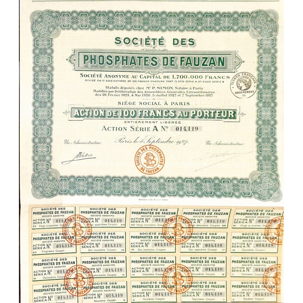 1927 - PHOSPHATES DE FAUZAN SOC. DES