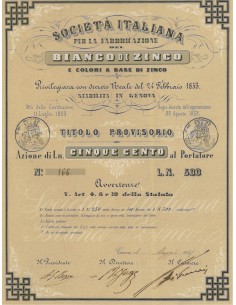 SOC. ITALIANA PER LA FABBRICAZIONE BIANCO DI ZINCO - 500 AZIONI GENOVA 1855
