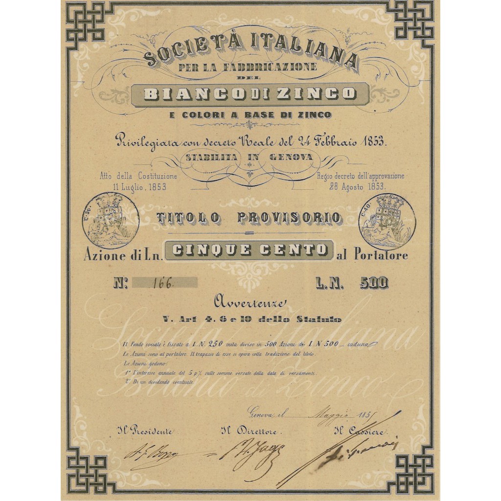SOC. ITALIANA PER LA FABBRICAZIONE BIANCO DI ZINCO - 500 AZIONI GENOVA 1855