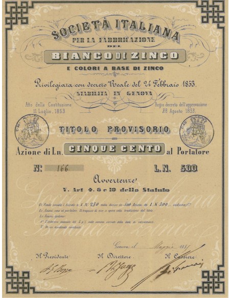 SOC. ITALIANA PER LA FABBRICAZIONE BIANCO DI ZINCO - 500 AZIONI GENOVA 1855