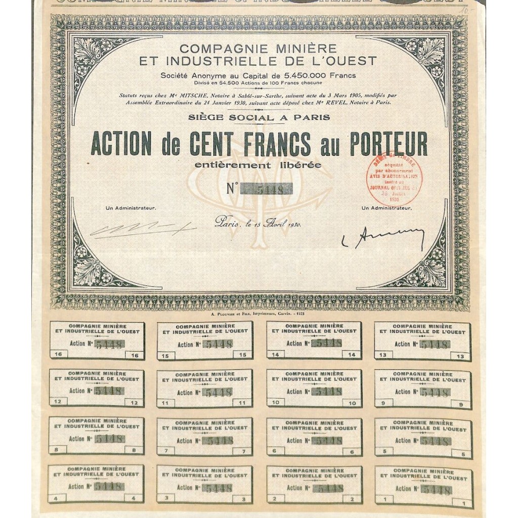 1930 - MINIERE ET INDUSTRIELLE DE L'OUEST...