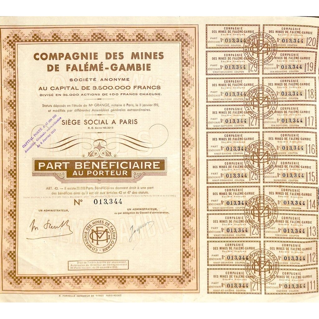 1943 - MINES DE FALÉMÉ-GAMBIE COMPAGNIE DES