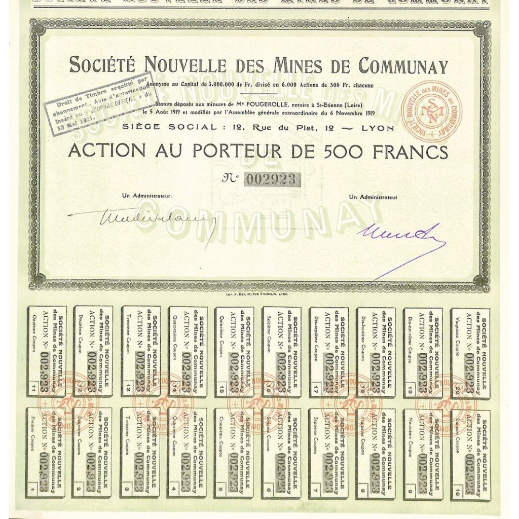 1919 - MINES DE COMMUNAY SOC. NOUVELLE DES