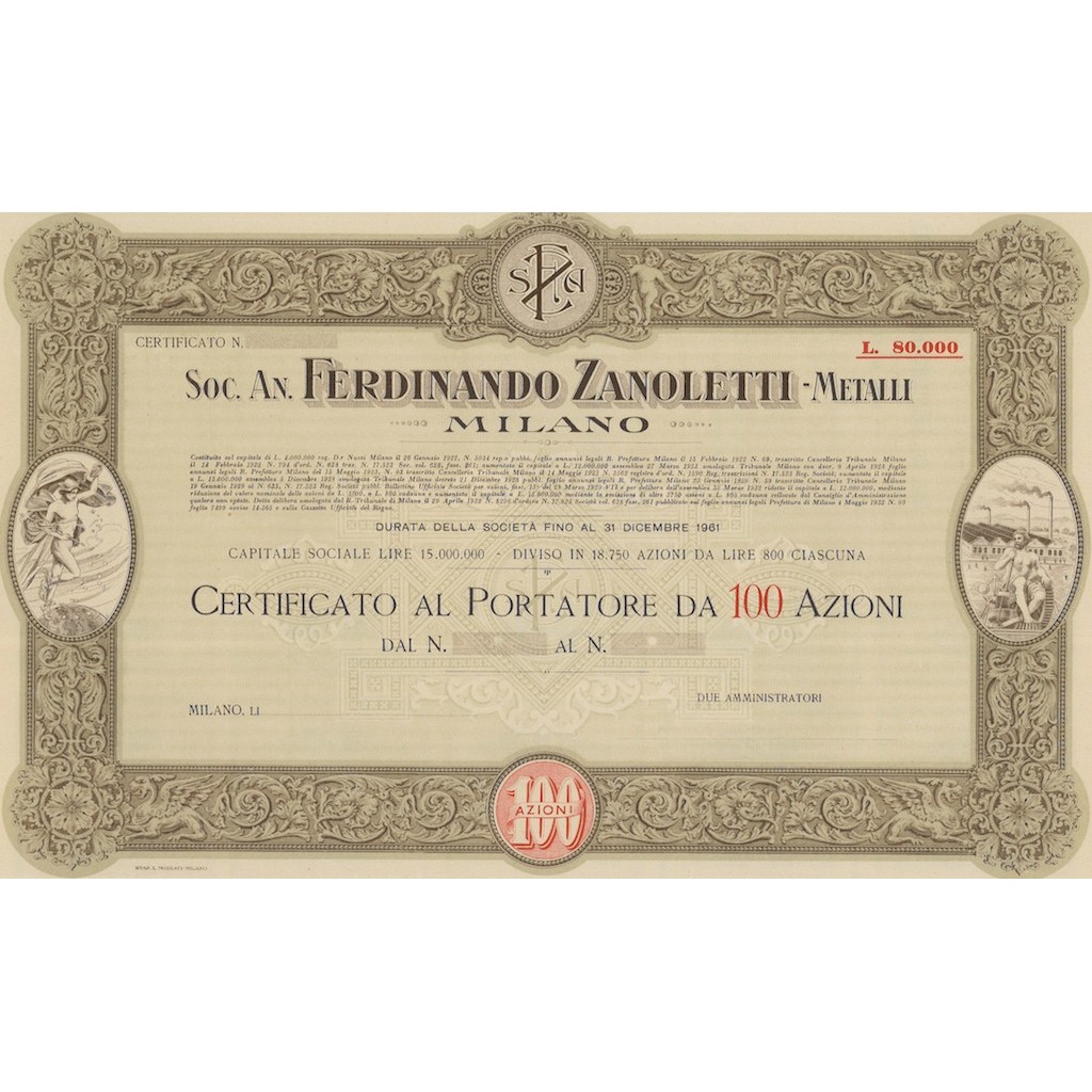 SOC.AN. FERDINANDO ZANOLETTI METALLI - 100 AZIONI MILANO 1922
