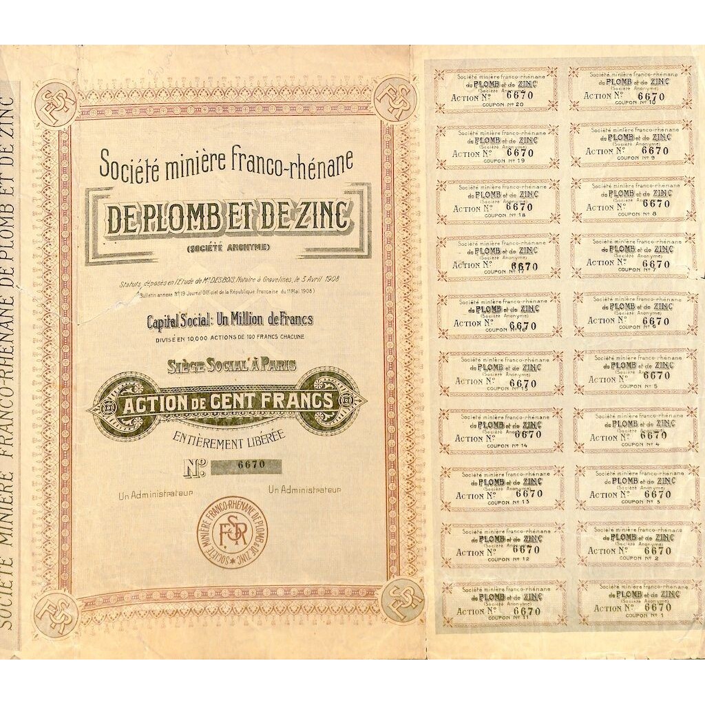 1908 - MINIERE FRANCO-RHENANE DE PLOMB ET ZINC...