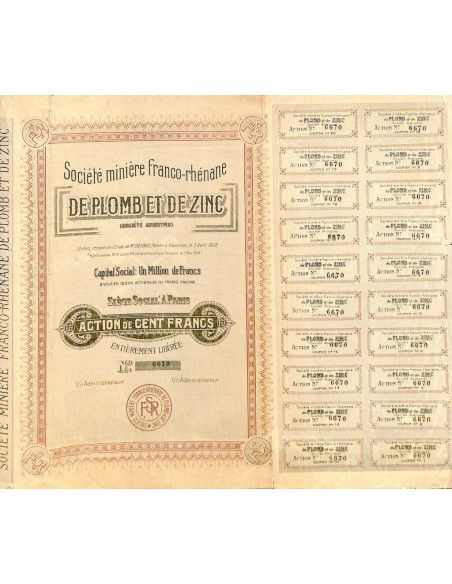 1908 - MINIERE FRANCO-RHENANE DE PLOMB ET ZINC SOC.