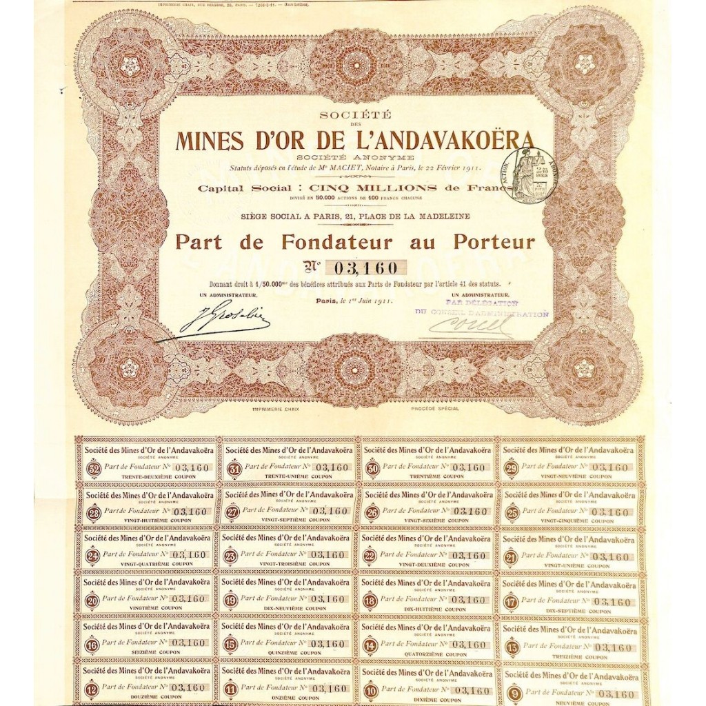 1911 - MINES D'OR DE L'ANDAVAKOERA SOC. DES