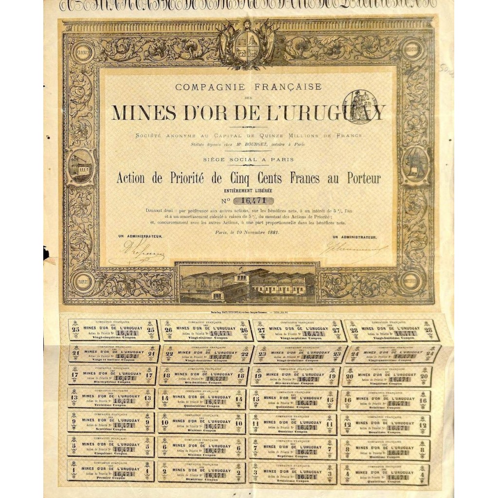 1881 - MINES D'OR DE L'URUGUAY COMP. FRANCAISE DES