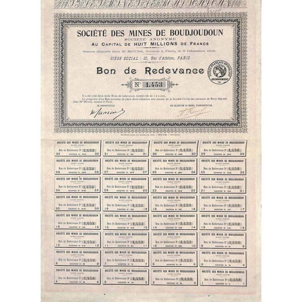 1919 - MINES DE BOUDJOUDOUN SOC. DES
