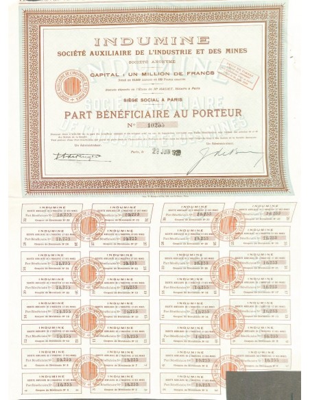 1926 - INDUMINE SOC. AUXILIAIRE DE L'INDUSTRIE ET DES MINES (PARTE BENEF.)