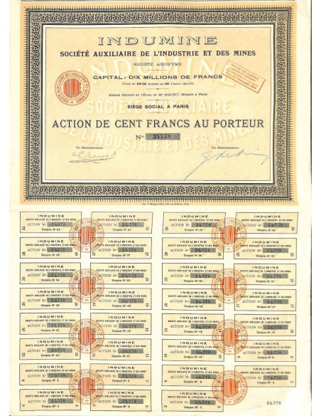 1926 - INDUMINE SOC. AUXILIAIRE DE L'INDUSTRIE ET DES MINES (AZIONE)
