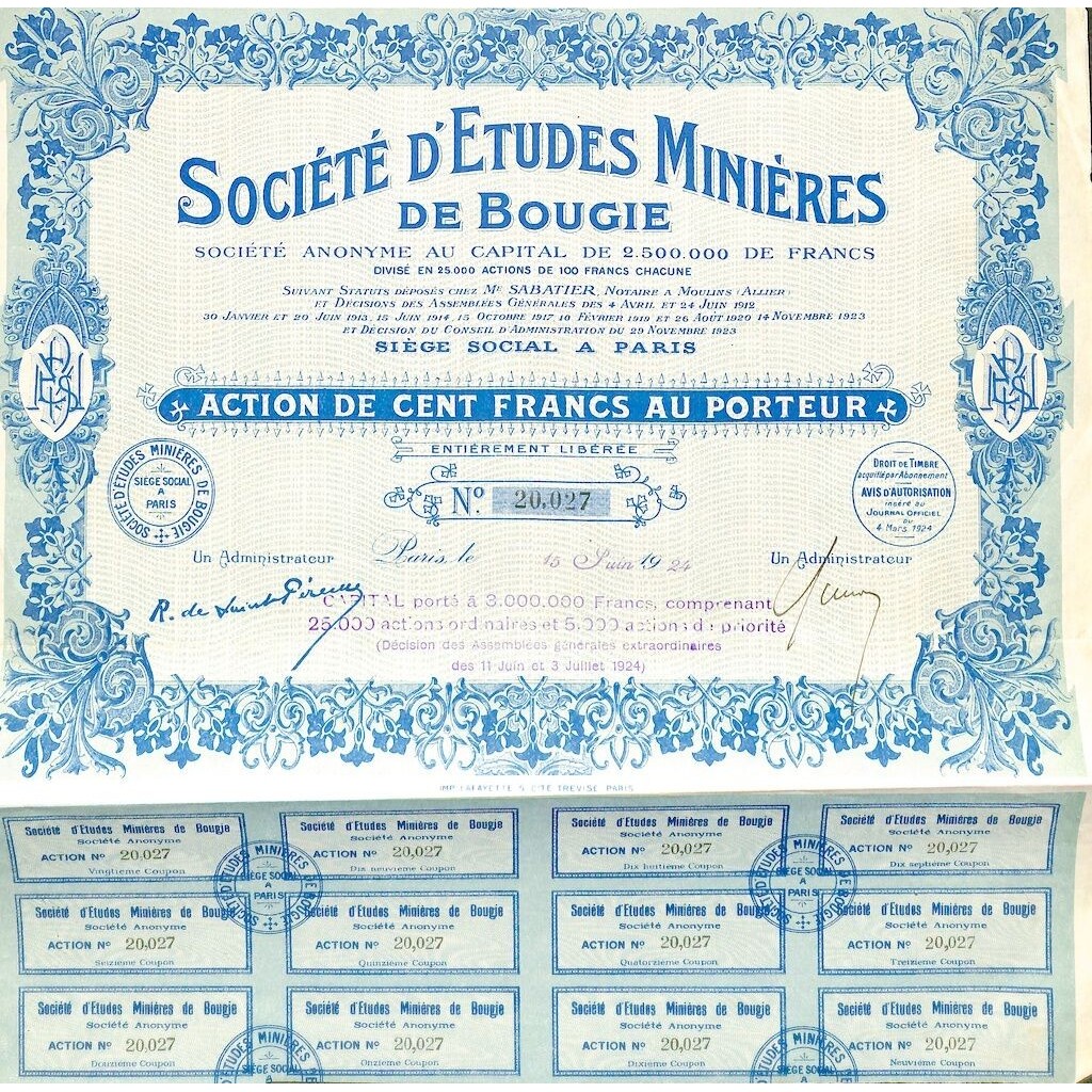 1924 - ETUDES MINIERES DE BOUGIE SOC. D'