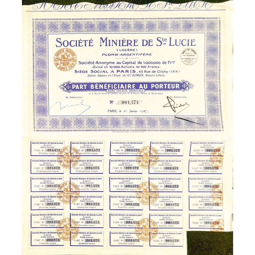 1927 - MINIERE DE SAINTE LUCIE (LOZERE) SOC.