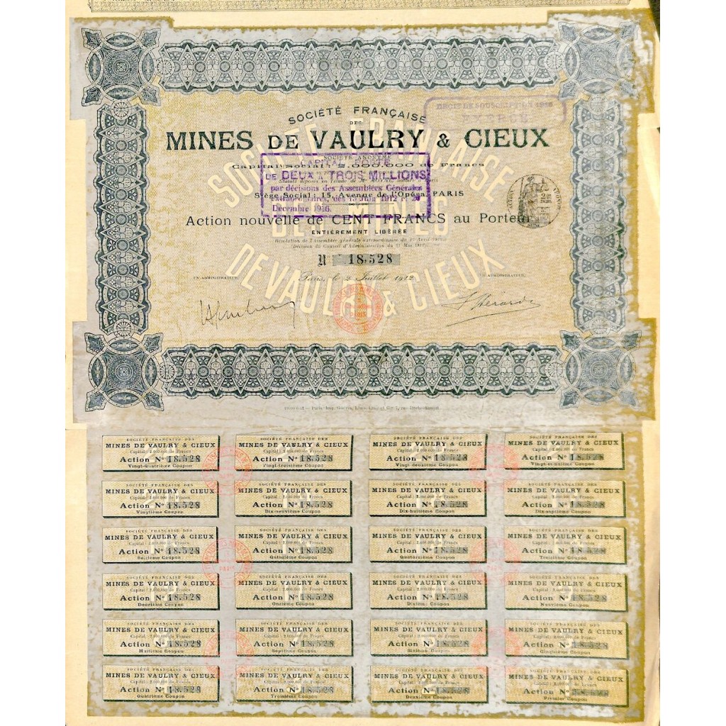1912 - MINES DE VAULRY ET CIEUX (CAP. SOC....