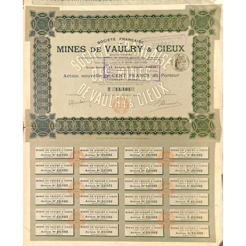 1912 - MINES DE VAULRY ET CIEUX (CAP. SOC....