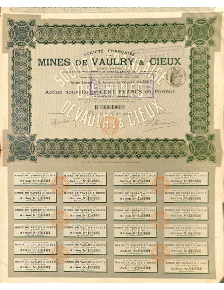 1912 - MINES DE VAULRY ET CIEUX (CAP. SOC. 2.000.000 DI FR.)
