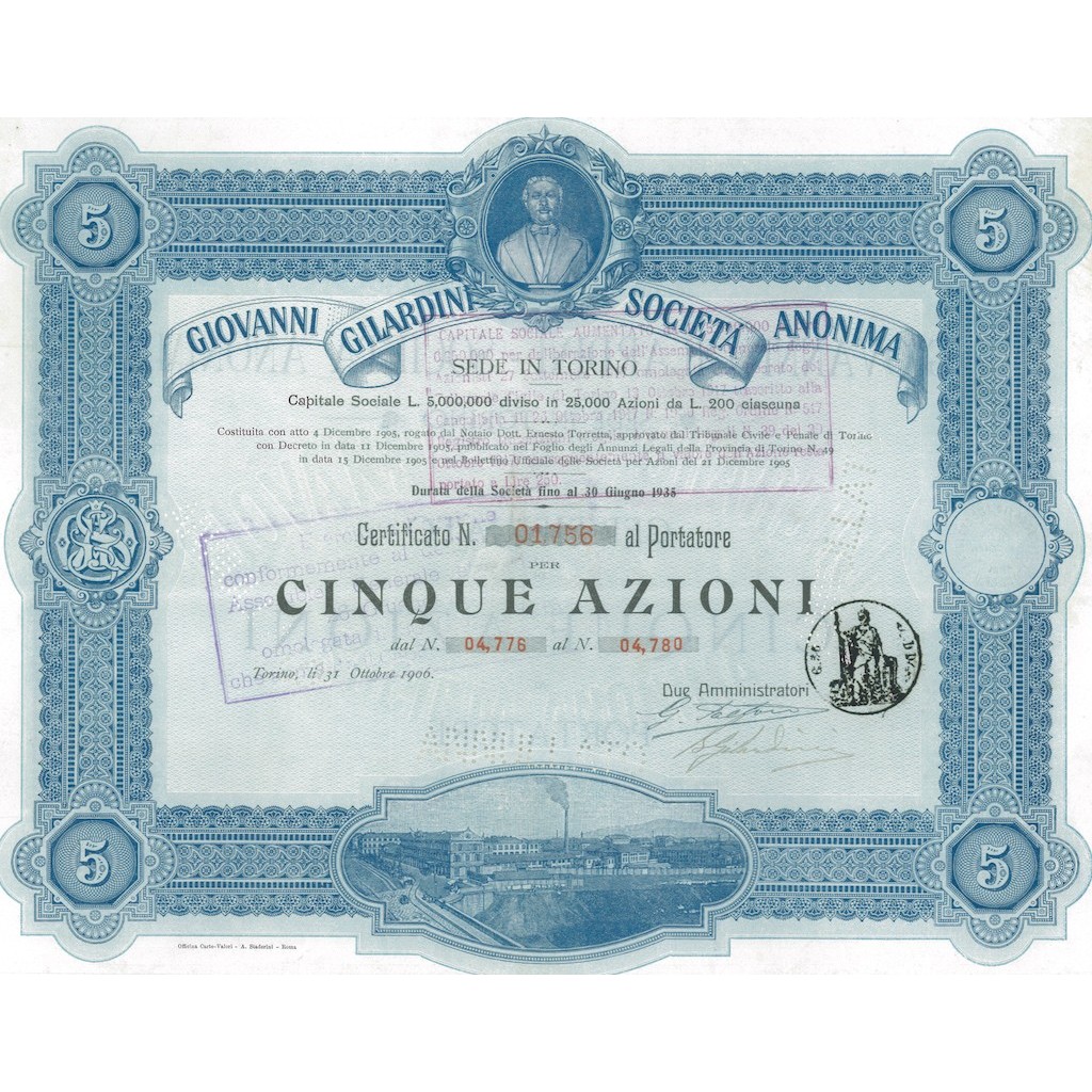GIOVANNI GILARDINI - SOC. ANON. 5 AZIONI 1906