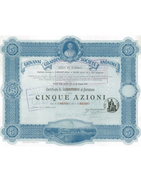 GIOVANNI GILARDINI - SOC. ANON. 5 AZIONI 1906