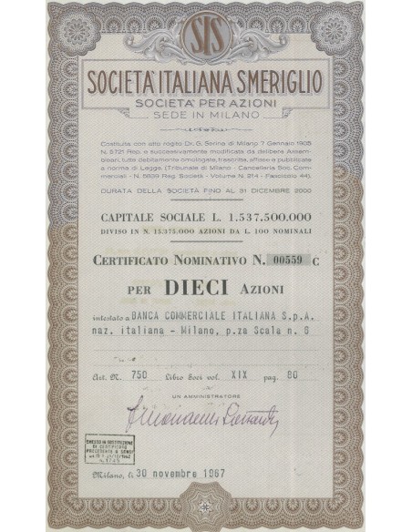 SOCIETA' ITALIANA SMERIGLIO - 10 AZIONI 1967