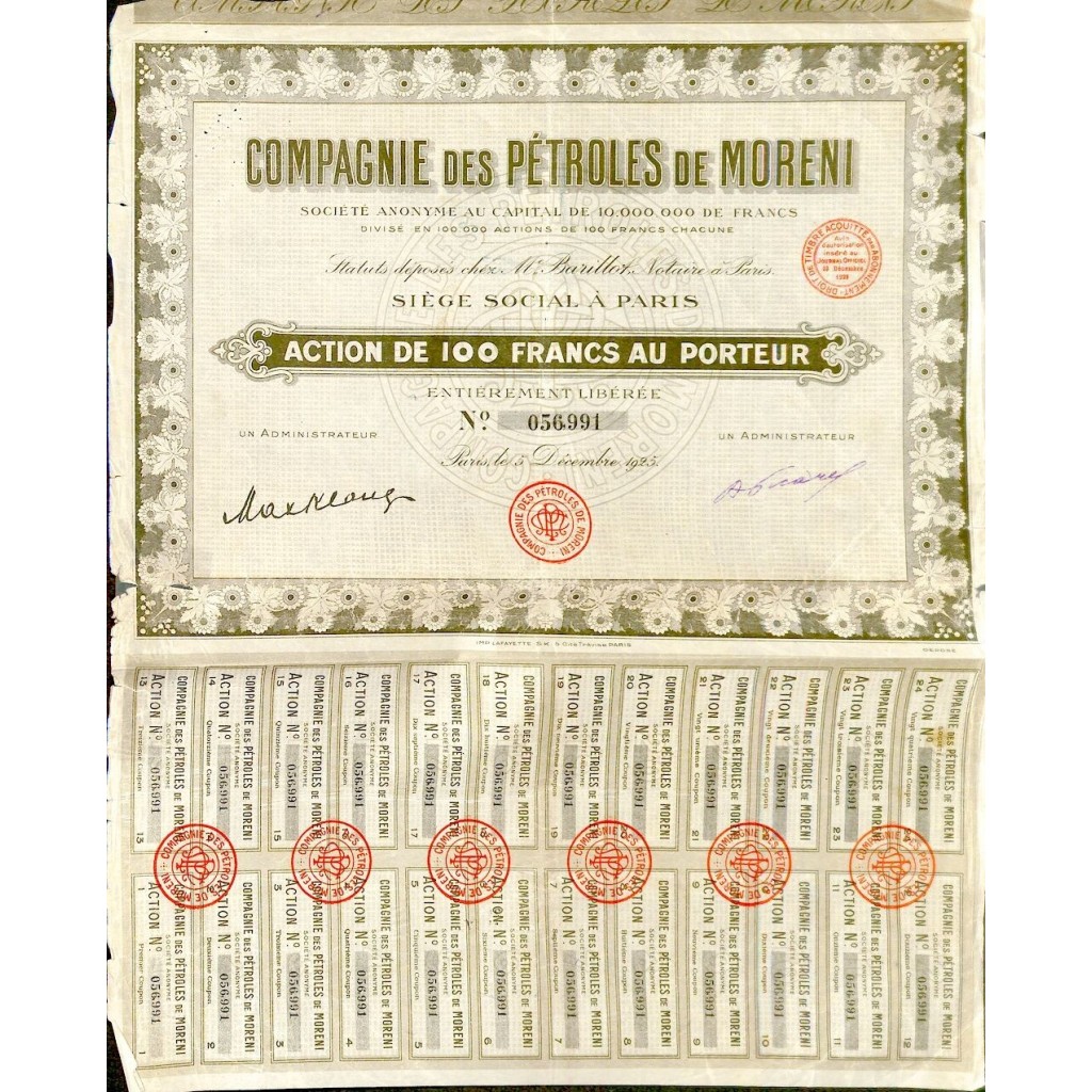 1925 - PETROLES DE MORENI COMPAGNIE DES