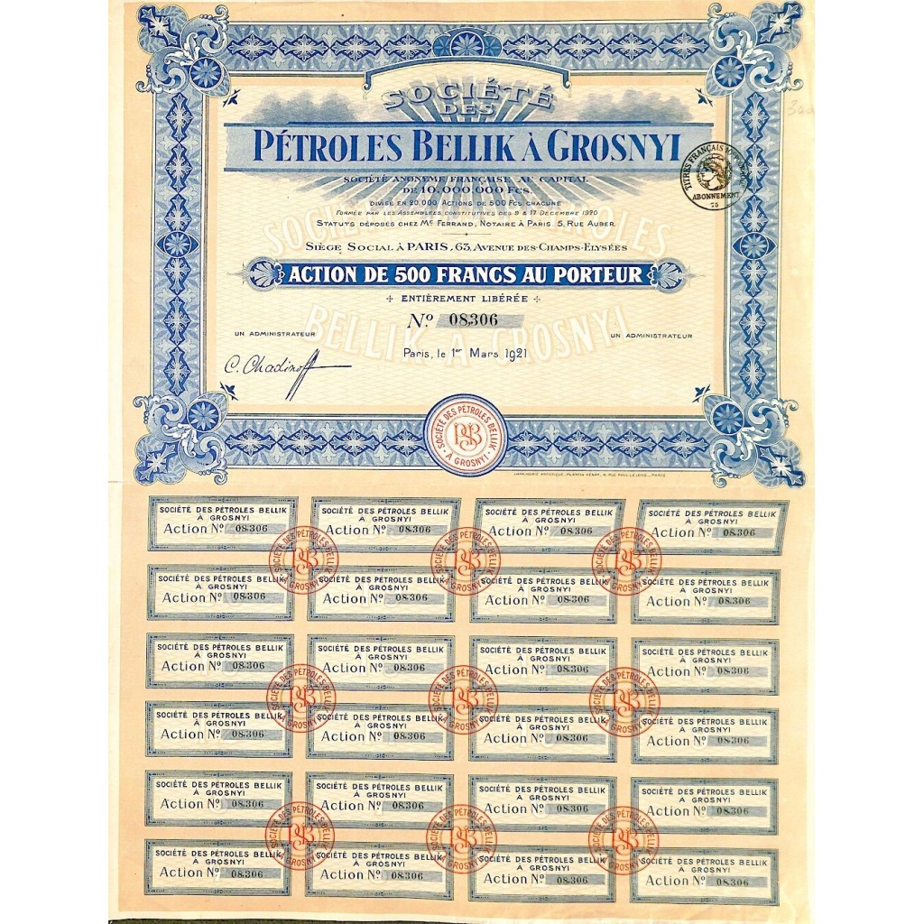1921 - PETROLES BELLIK A GROSNYI SOC. DES