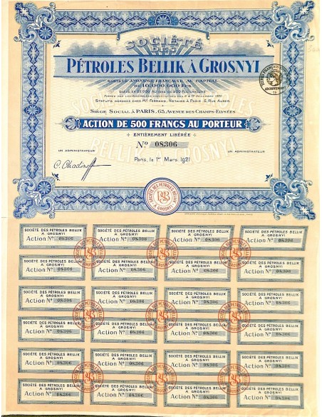 1921 - PETROLES BELLIK A GROSNYI SOC. DES