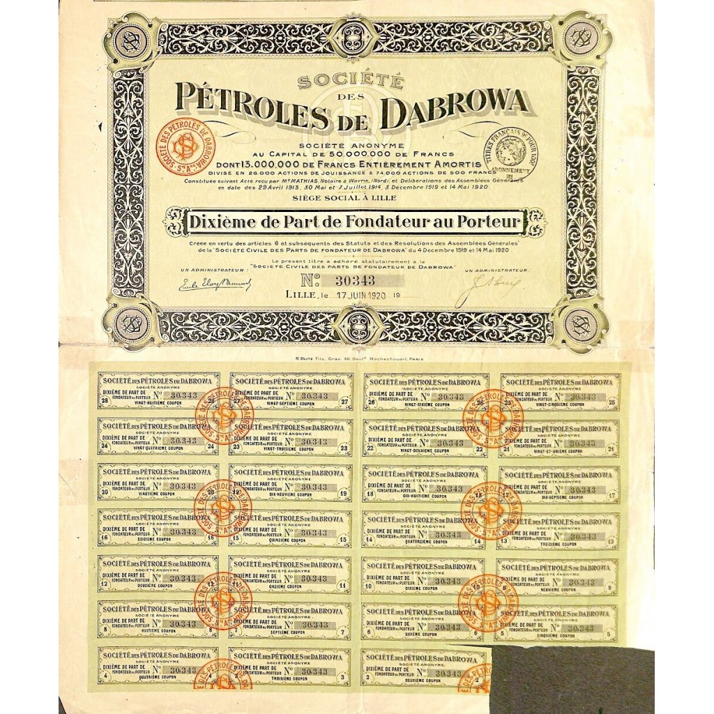 1920 - PETROLES DE DABROWA SOC. DES (DECIMO DI PARTE DI FOND.)