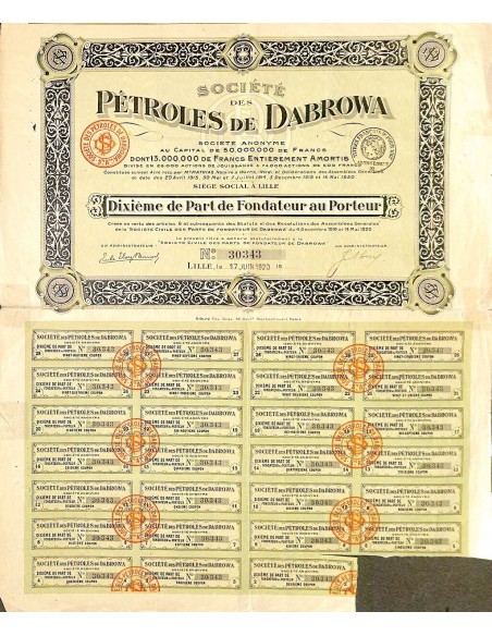 1920 - PETROLES DE DABROWA SOC. DES (DECIMO DI PARTE DI FOND.)