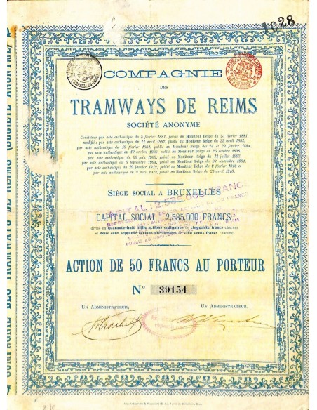 1913 - TRAMWAYS DE REIMS COMPAGNIE DES