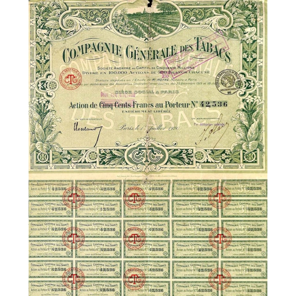 1920 - TABACS COMPAGNIE GENERALE DES