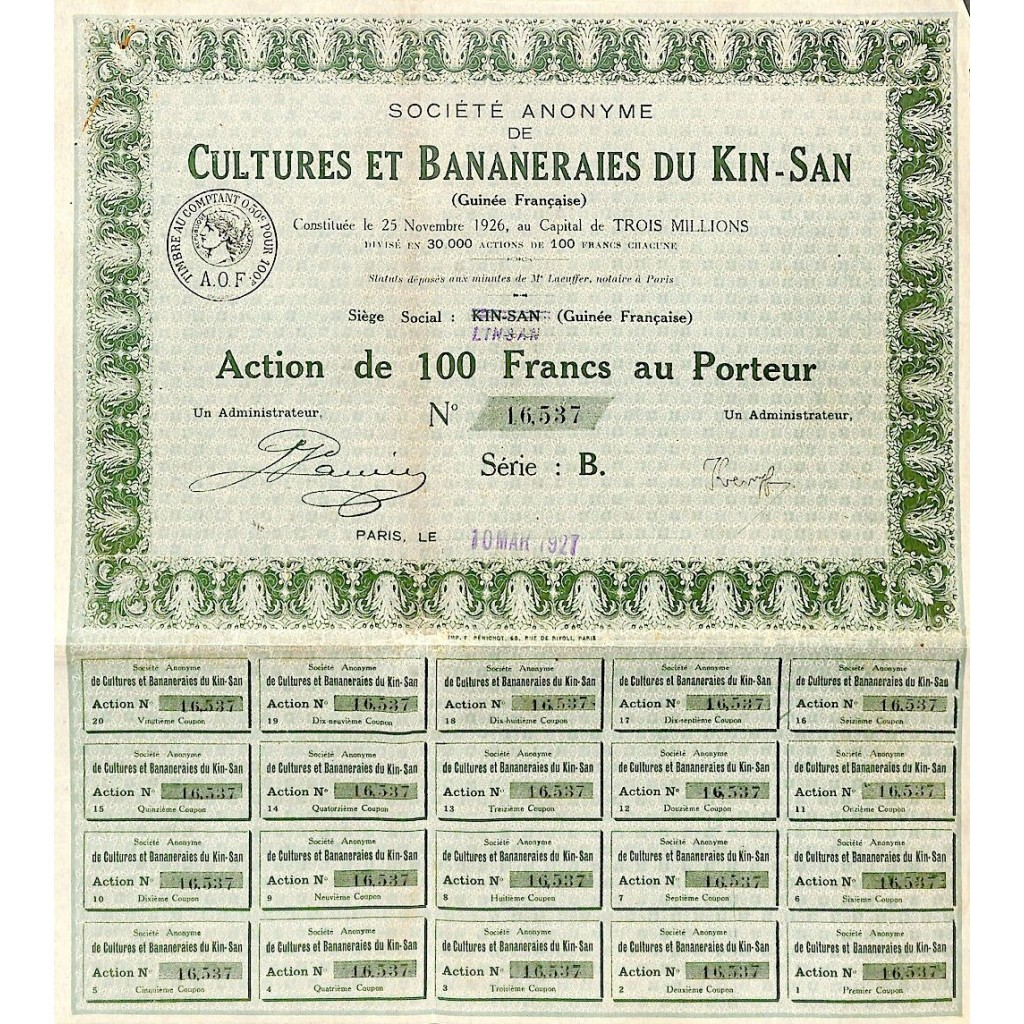 1927 - CULTURES ET BANANERAIES DU KIN-SAN SOC. ANON. DE