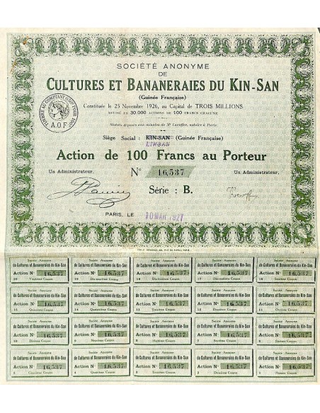 1927 - CULTURES ET BANANERAIES DU KIN-SAN SOC. ANON. DE