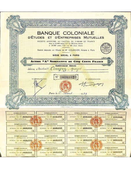 1929 - BANQUE COLONIALE D'ETUDES ET D'ENTREPRISES MUTUELLES