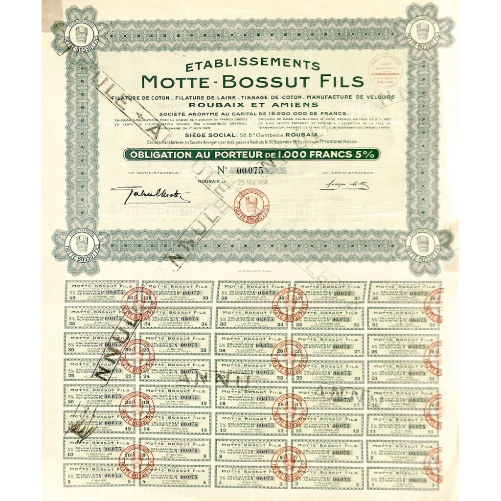 1930 - MOTTE-BOSSUT FILS ETABLISSEMENTS