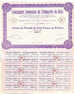 1923 - LYONNAISE DE L'INDUSTRIE DU BOIS COMPAGNIE (AZIONE)