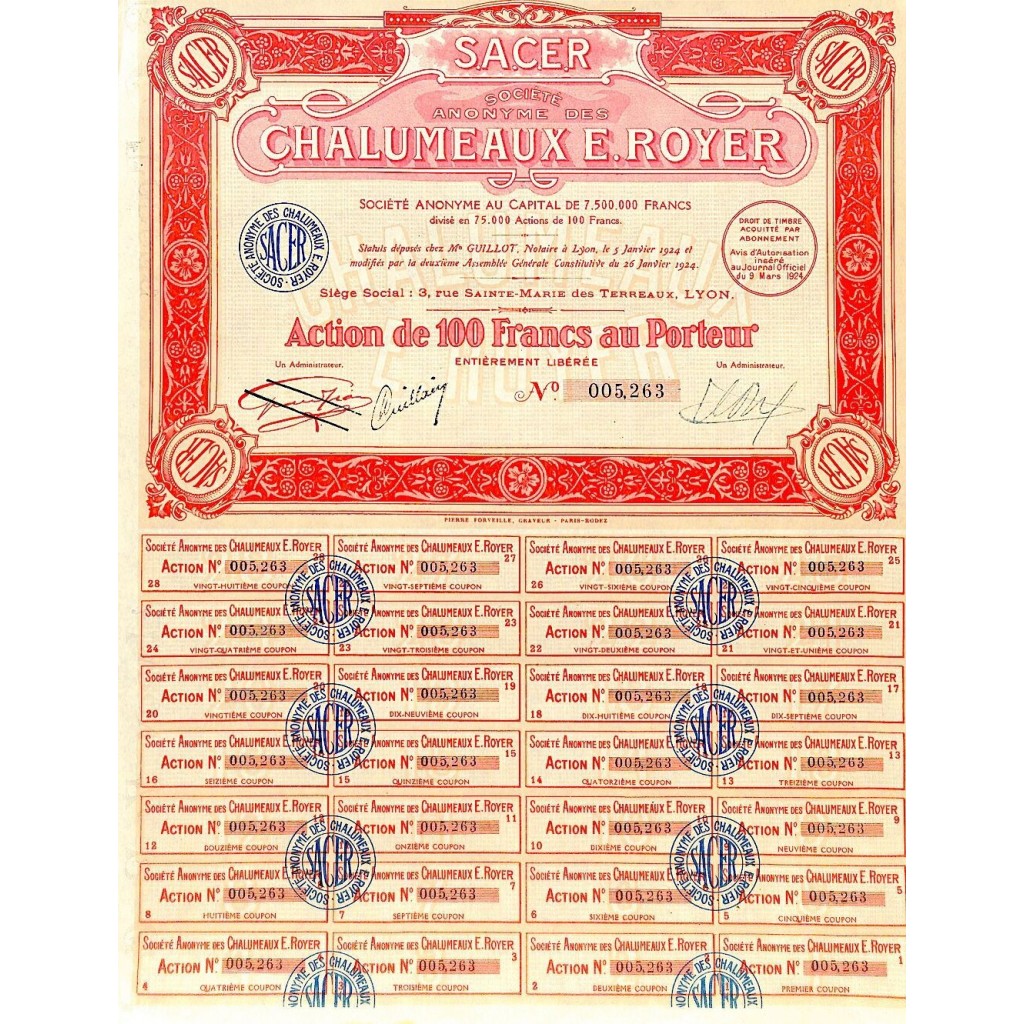 1924 - S.A.C.E.R. SOC. ANON. DES CHALUMEAUX E....