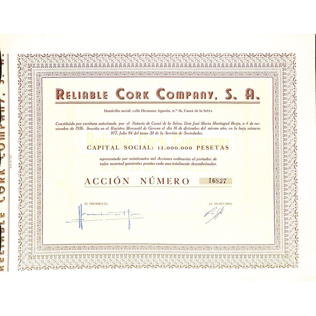 1926 - RELIABLE CORK COMPANY, S. A.
