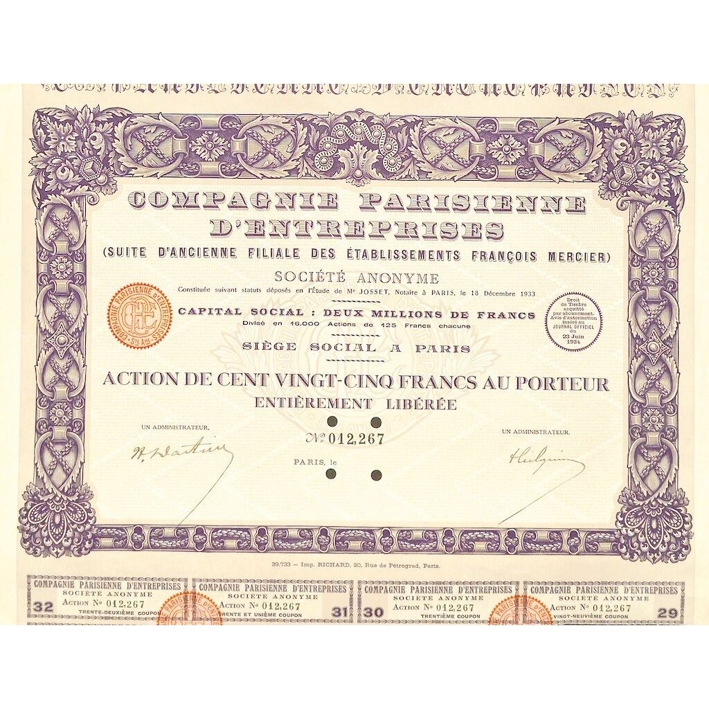 1933 - PARISIENNE D'ENTREPRISES COMPAGNIE
