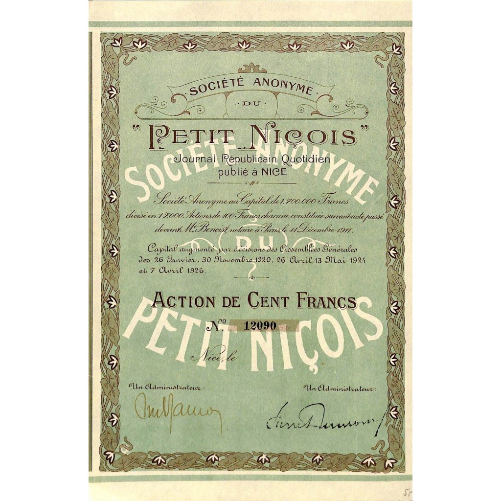 1926 - PETIT NICOIS SOC. ANON. DU