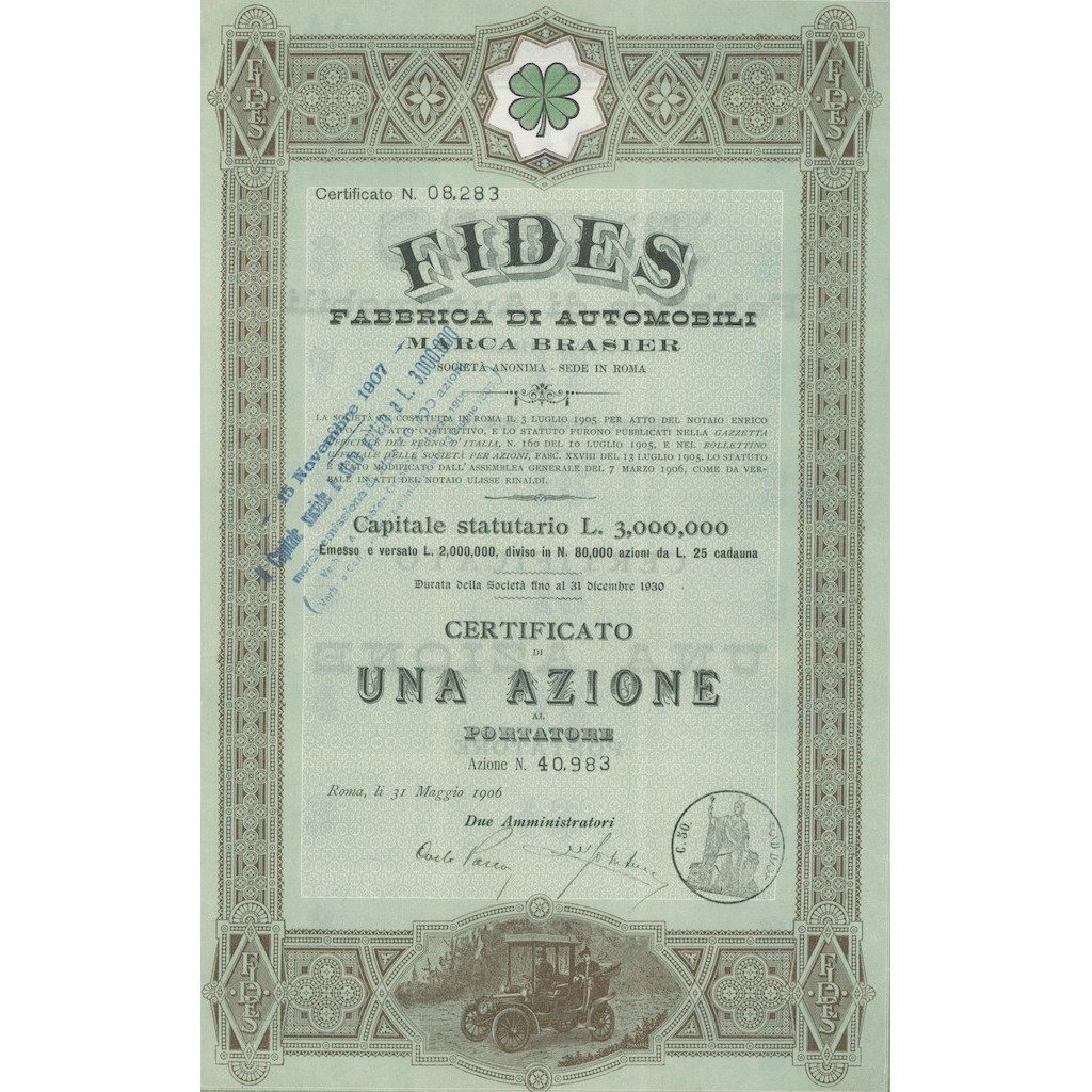 FIDES FABBRICA DI AUTOMOBILI MARCA BRASIER - 1 AZIONE ROMA 1906